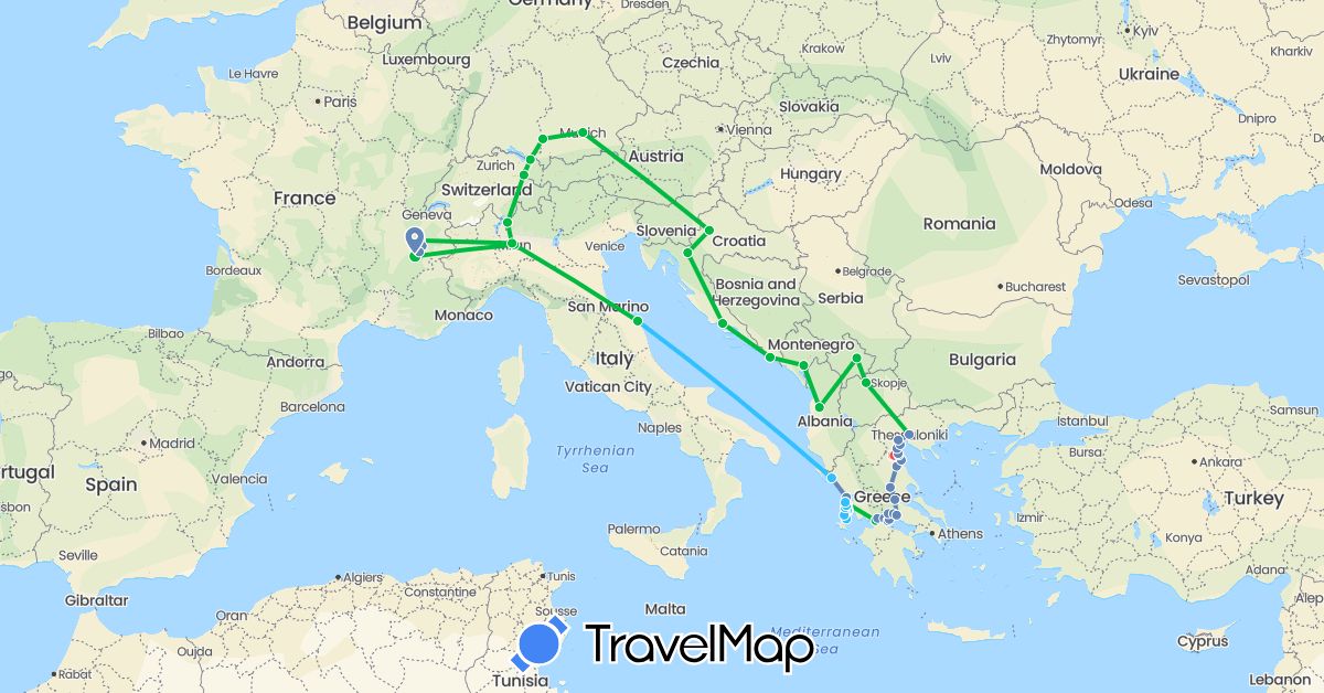 TravelMap itinerary: driving, bus, cycling, hiking, boat in Albania, Austria, Switzerland, Germany, France, Greece, Croatia, Italy, Liechtenstein, Montenegro, Macedonia, Kosovo (Europe)